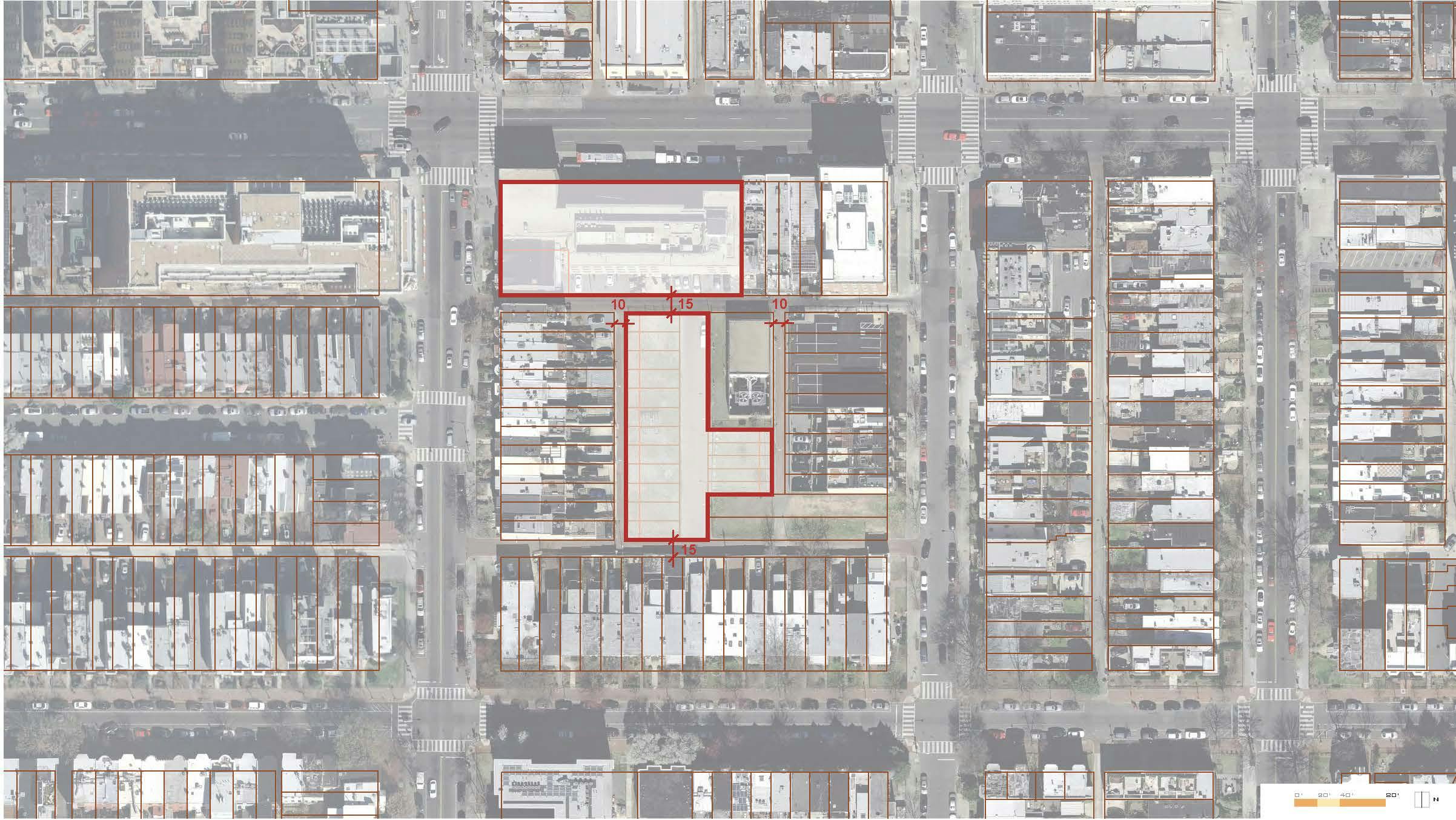 birds-eye view satellite image of project site block with the lot outlined in red.